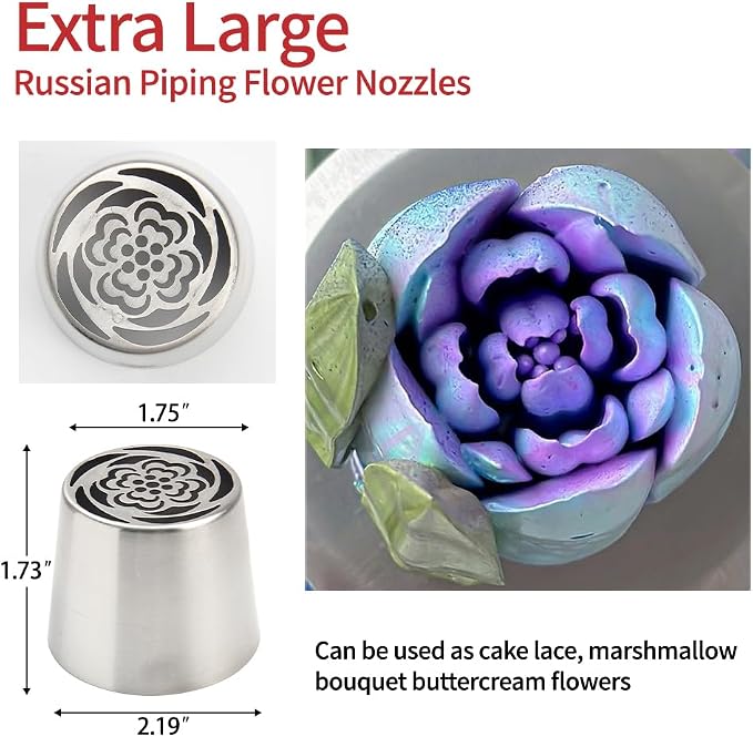3pack Russian Piping Flower Nozzles Extra Large, Stainless Steel Rose Floral Piping Nozzles for Cake Decorating Icing, Cream Flower Bouquet DIY Cookies, Desserts Baking Tools (XXL, C）