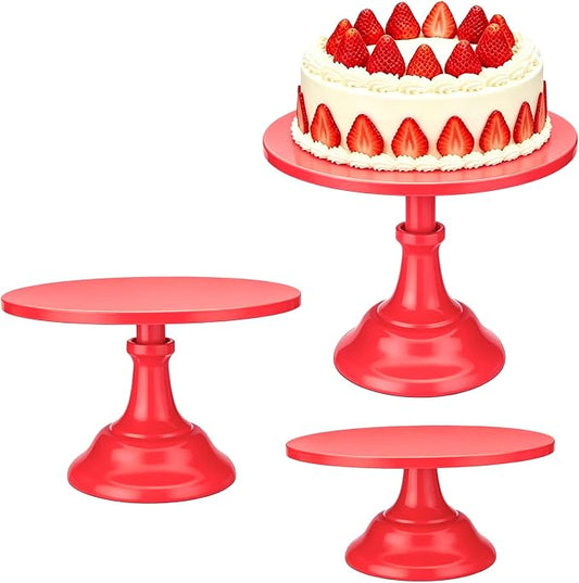 Three-piece Cake Stand Set, Metal Round Trays, 8-inch, 10-inch, and 12-inch, for Dessert Table displays; Perfect for Christmas, Thanksgiving, Birthdays, Weddings, and Other Celebrations(Red)