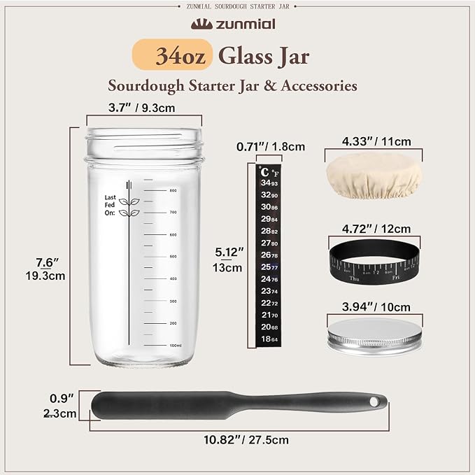 Zunmial Sourdough Starter kit, 34OZ Sourdough Starter Jar with Date Marked Feeding Band, ThermometerCloth Cover & Metal Lid, Reusable Sourdough Bread Baking Supplies, Home Baking Gifts