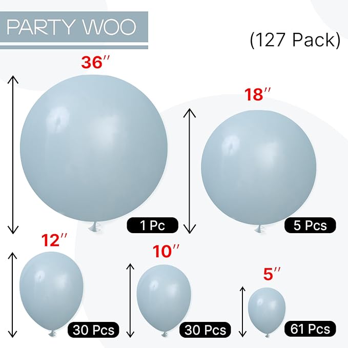 PartyWoo Dusty Blue Balloons 127 pcs Different Sizes of 36 18 12 10 5 Inch Boho Light Blue Aqua Balloon Arch Kit Garland for Graduation Wedding Baby Shower Birthday Party Decorations Blue-F28