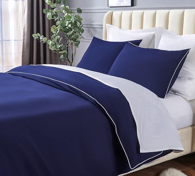DAUAOTO Duvet Cover Twin/Twin XL Set, Navy Blue Microfiber Dorm Bedding, Decorative White Piping, 1 Zipper Closure Cover + 1 Standard Sham