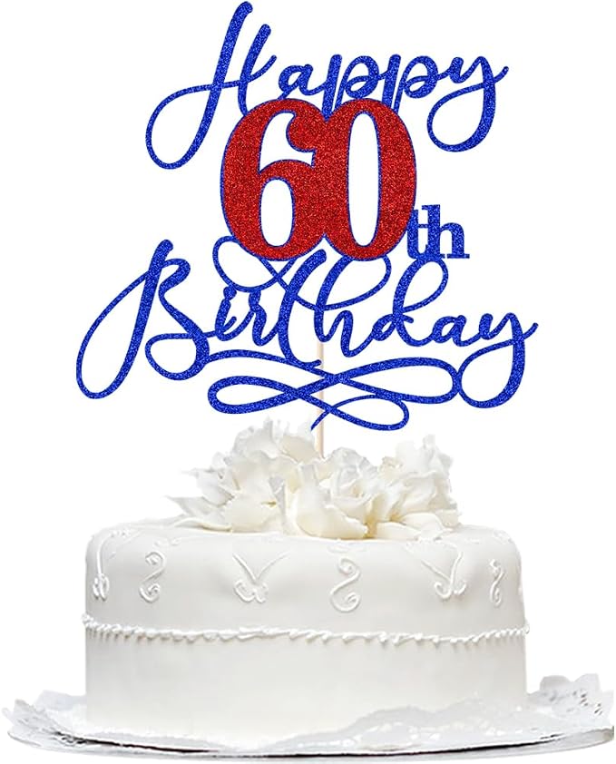 Happy 60th Birthday Cake Topper,Deep blue font red Numbers 60th Birthday Cake Decoration,Hello 60, Cheers to 60 Years/60th Anniversary,60& Fabulous Party Decoration