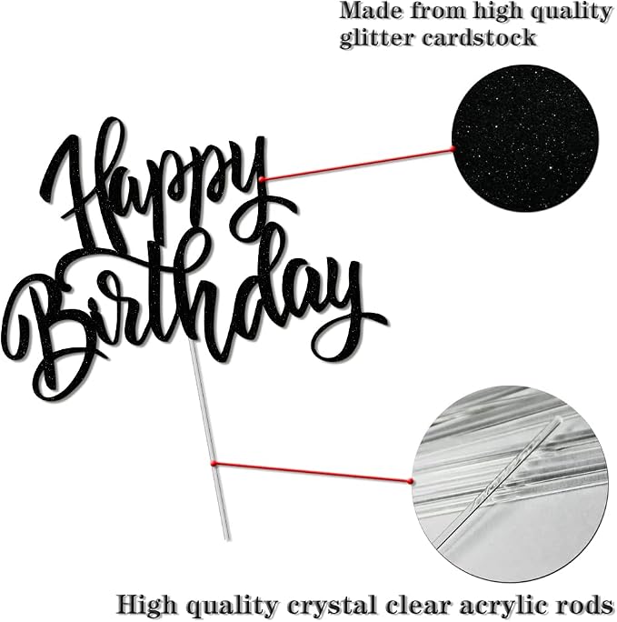 Happy Birthday Cake Decorations, Gold Double-Sided Glitter Letters, Birthday Party Supplies, Cake Topper Decorations (Black)