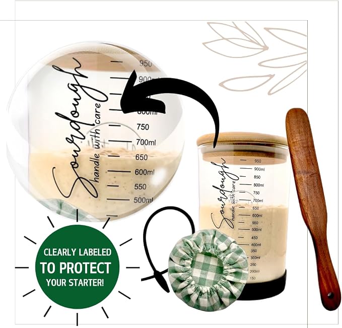 Sourdough Starter Kit - Sourdough Kit Includes Wooden Spurtle, Wide Mouth Jar w/ Bamboo Lid & More - Non-Slip Silicone Base Sourdough Bread Baking Supplies - Bread Making Kit for Beginners & Pros