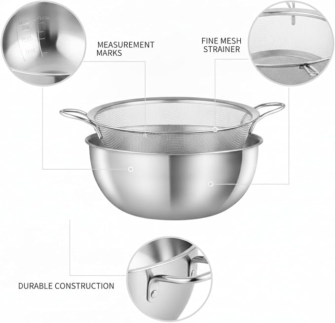 Stainless Steel Mixing Bowl Set with Nested Strainer, 2-in-1 Prep Basin for Washing, Draining, and Mixing