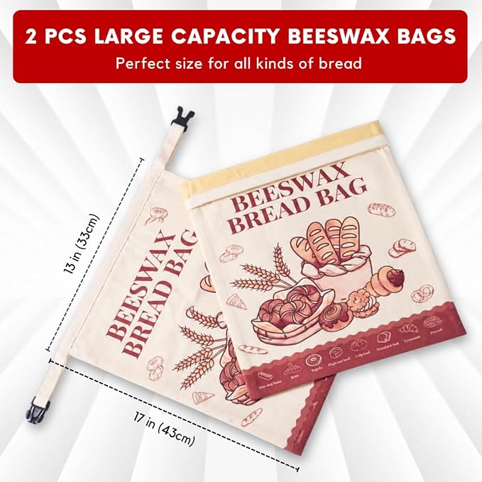Bread Bags for Homemade Bread - 2 Pack XL Reusable Organic Beeswax Linen Cotton Sourdough Bread Bag, Eco-Friendly Bread Storage Bags with Sealing Zip to Keep Fresh, Perfect for Artisan & Bakery Bread