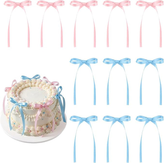 30 Pack Pink Blue Bow Cake Toppers Ribbon Bows for Cake Gender Reveal Bow Cupcake Toppers for Baby Shower Birthday Wedding Party Supplies and Gender Reveal Decorations