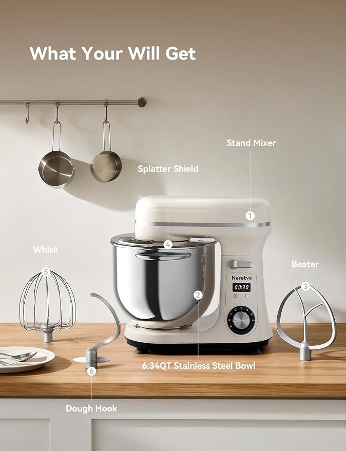 Neretva Stand Mixer, 6.34QT & 6 Speed Professional Mixers Kitchen Electric Stand Mixer Super Stable & Lower Noise Household Stand Mixer with Stainless Steel Bowl, Whisk, Flat Beater, Dough Hook -Beige