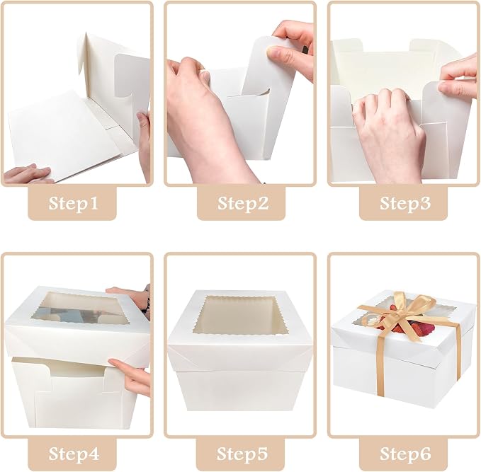 24PCS 10x10x8 Inches Cake Boxes with Cake Boards—（12Cake Boxes with window &12Cake Borads &70ft Silk RibbonX2） Large Square Baking Boxes for Christmas,Birthday Party, Wedding, Valentine's Day