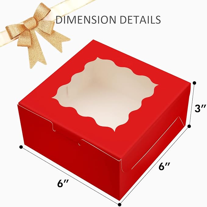 Bakepacker 60pcs Red Bakery Boxes with Window 6x6x3 inches Thick & Cookie Boxes & Sturdy Macaroon Pastry