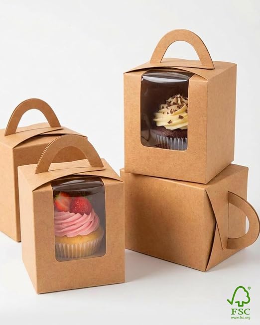 qiqee Auto-pop Brown Cupcake Boxes Individual Disposable 3.7"x3.7"x4.5" 200pcs Cupcake Disposable Single Box with Window