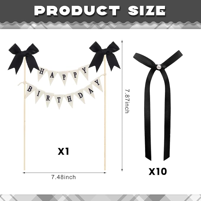Honeydak 11 Pcs Black Bow Ribbon Cake Topper Happy Birthday Cake Bunting Topper with Wood Pole Handmade Pennant Flags with Bows Ribbon for Birthday, Bridal Party Decoration