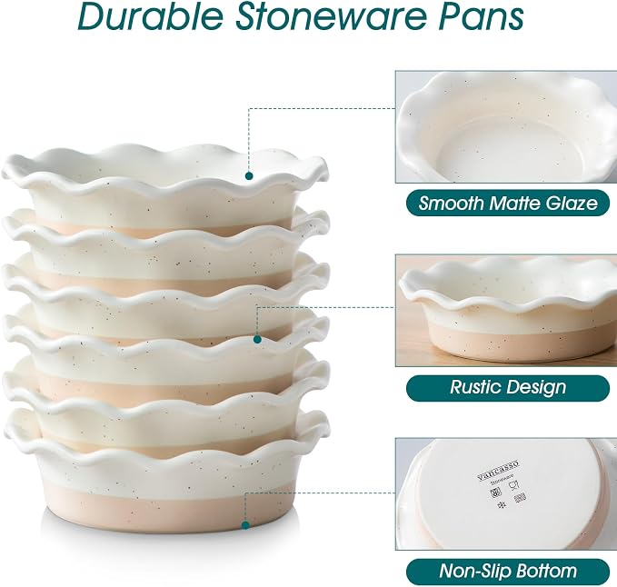 vancasso Mini Pie Pans Set of 6, 5.2 Inch Ceramic Deep Dish Pie Plates with Ruffled Edge for Baking, Microwave & Oven Safe, Cream Colored