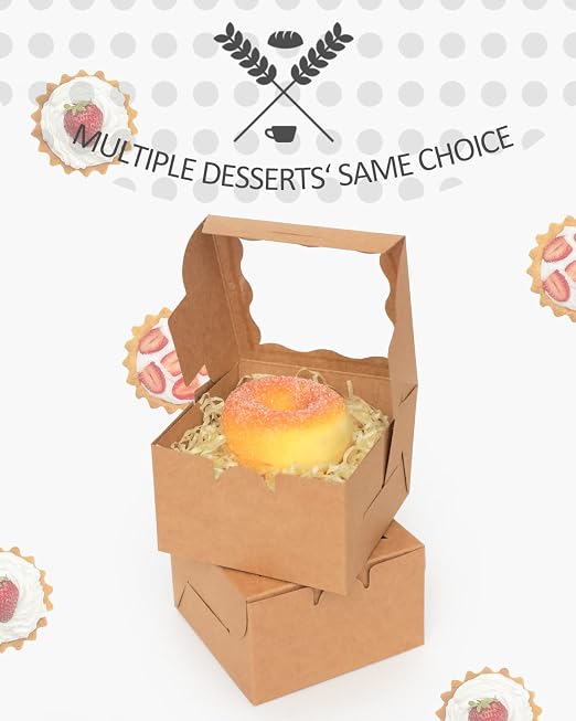 qiqee Bakery Box with Window 4*4*2.5inch/100Packs Brown Macaron Boxes Small Donut Pastry Boxes for Party Mini Cookie Boxes(5 Diferent Gift Include)