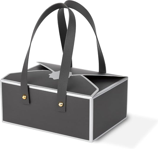 Hammont Gift Boxes - 4 Pack of Gift Boxes with Faux Leather Handles - Cookie Boxes - Versatile Gift Boxes for Presents - Elegant Box for Cakes Candy | Jewelry | Chocolates (5"x7"x3" (Grey))