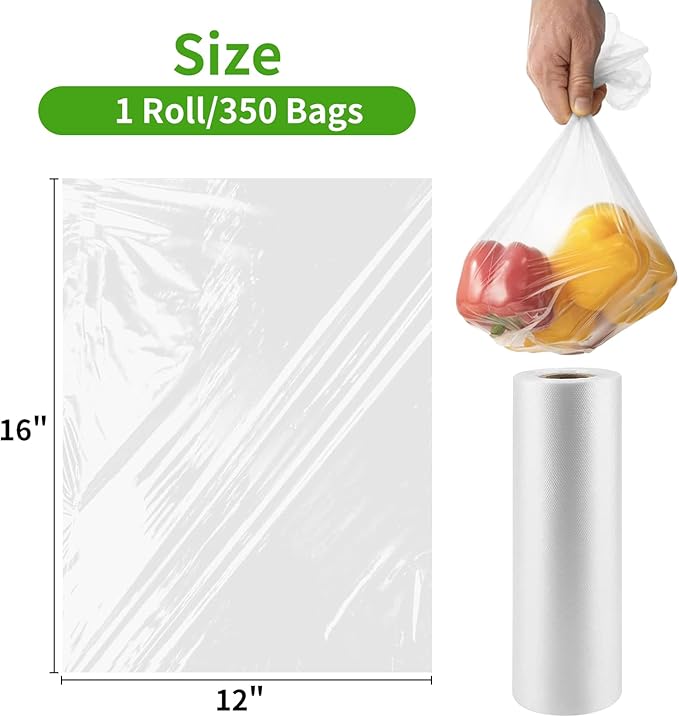 FungLam 12”×16” Clear Plastic Produce Bags Roll, Food Storage Bags for Bread, Vegetables, Fruits, Refrigerator Storage, Kitchen,350 Pcs/Roll.