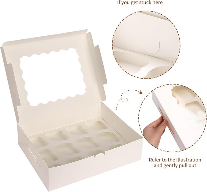 TOMNK 20pcs Cupcake Boxes, Cupcake Boxes 12 Count, 13x10x3.5 Inch White Containers Bakery Holders with Windows and Inserts to Fit Muffins, Cookies