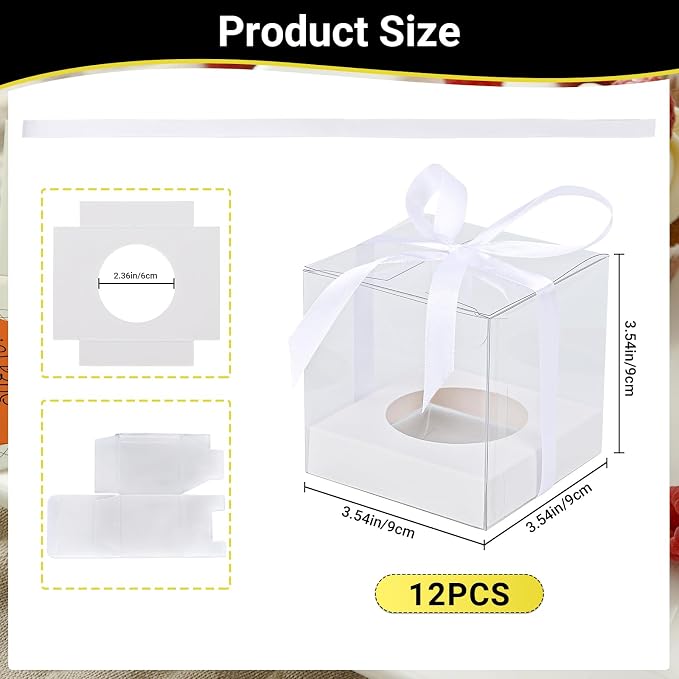 EUSOAR Plastic Individual Tall Cupcake Box, 12pcs 3.5 Inch White Clear Cupcake Wrappers, Single Transparent Cupcake Holder Carrier with Ribbon and Inserts for Wedding Anniversary Birthday Tea Party