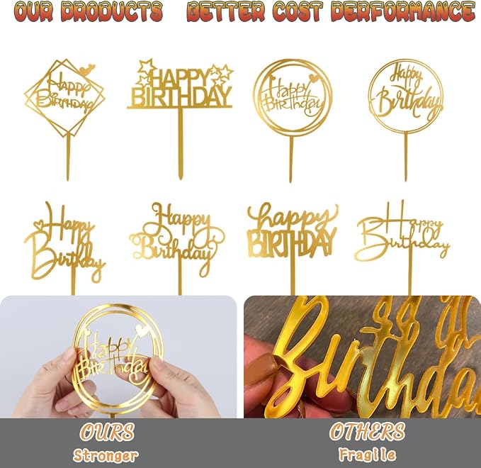 10-Pack Happy Birthday Cake Toppers,Gold Cake Toppers Acrylic Birthday Cake Supplies,4inchx6inch (Gold)
