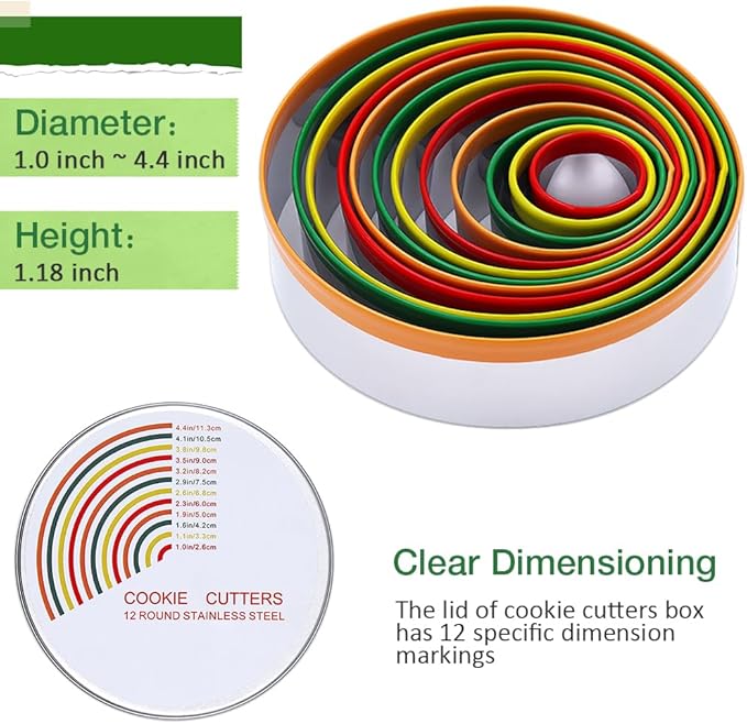 Alimat PluS Round Cookie Biscuit Cutter Set, 12 Pack Pastry Cutters in Graduated Sizes for Donut, Dough, Fondant, Clay, Stainless Steel Circle Cutter Cake Ring Molds with Colorful Rubber Coating