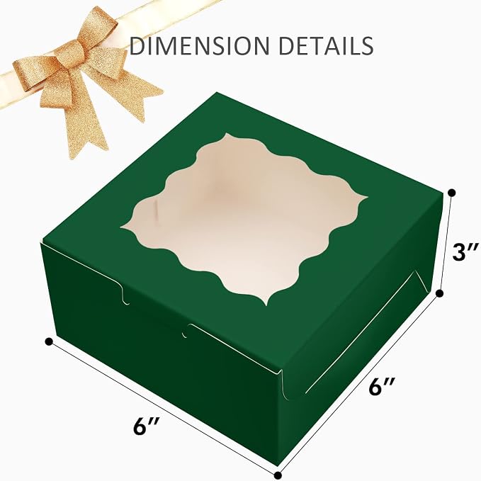 Bakepacker 60pcs Deep Green Bakery Boxes with Window 6x6x3 inches Thick & Sturdy Macaroon Pastry Boxes Cookie Boxes for Bakerys