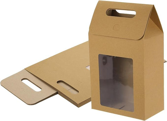 uxcell 8Pcs Gift Boxes, Favor Box with Clear Window and Handle, Stand Up Favor Treat Boxes for Candy, Cookies, Party Store, Packaging, Wedding, Light Brown