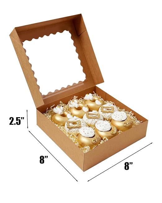 Bakepacker 90pcs Brown Pie Boxes 8x8x2.5 inches Easy Assemble Macaroon Cookie Boxes Bakery Boxes with Window for Bakery (Auto-pop Up)