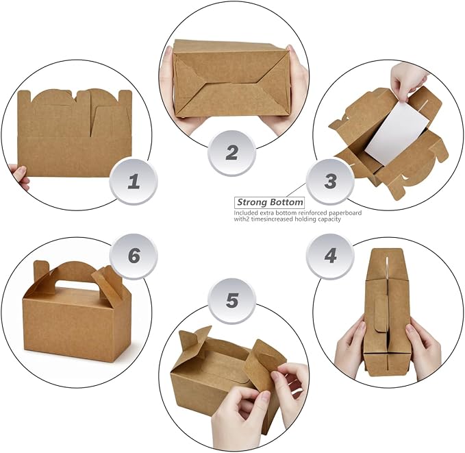 Aosric Small Kraft Gable Boxes 3.5 x 3.5 x 6.3 In, 30 Pack | Premium Kraft Cardstock Favor Boxes with Handles for Bakery, Small Business Packaging, Cookies, Party Treats & Farmers Market