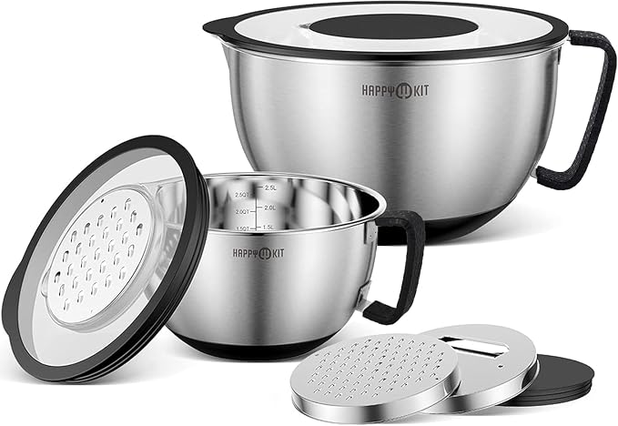 HAPPY KIT 18/8 Mixing Bowls With Lids Set of 2,Stainless Steel Mixing Bowl With Pour Spout, Non-slip Handle and Bottoms, 3 Grater Attachments, Measurement Marks & Lid, Size 5, 3QT(Black)