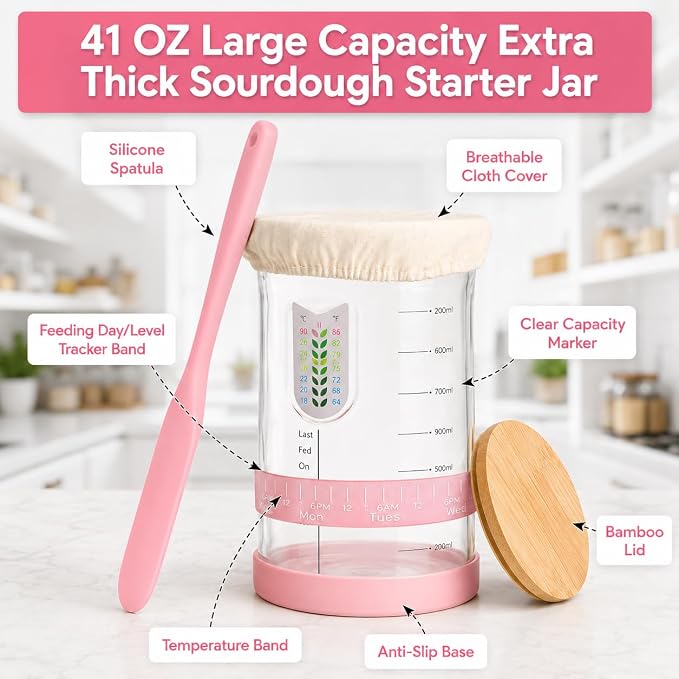 Sourdough Starter Kit for Beginners – 46-Pc Pink Sourdough Bread Making Kit with Silicone Banneton Proofing Basket, Sourdough Starter Jar, Digital Scale, Bread Lame & Sourdough Tools – Gift