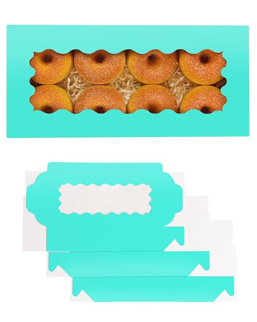 qiqee 50 Packs Mint Blue Cookie Box with Window 12x5.5x2.5 Inch Two Uses Pastry Biscuit Bakery Box For Packaging