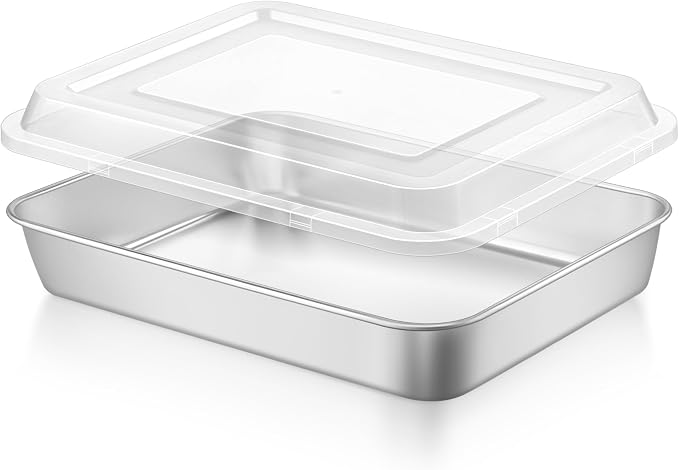 LIANYU Stainless Steel Baking Cake Pan with Lid Set, 12⅓ x 9¾ x 2 Inch Lasagna Brownie Pan, Oven & Dishwasher Safe Pan for Cookie Bread (1 Pan +1 Lid)