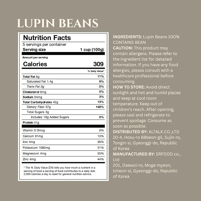 Lupinery Lupini Beans | Lupin Dried Beans High Protein, High Fiber, Low Carb | Plant Based & Gluten Free Ingredient | No Additives Non-GMO | Australian Grown Whole Bean | 500g Quick Soak 10-15 Min