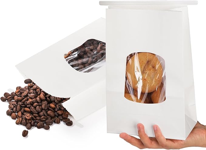 Okllen 100Pcs Bakery Bags with Window, 6x3x9 Inches White Tin Tie Tab Lock Kraft Paper Bags for Cookies, Coffee Beans