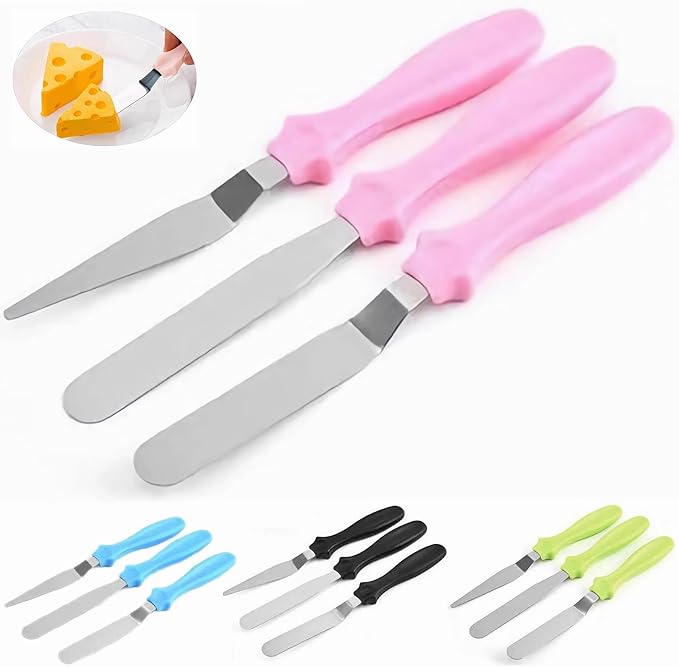Cake Cream Spatulas, 3 Pieces of Cake Angled Spatula with Stainless Steel, Professional Cake Decorating, Pastry & Baking, Icing Frosting Cream Chocolate Cake Spatula (3pcs Pink)