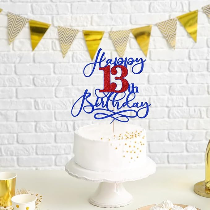 Happy 13th Birthday Cake Topper,Deep blue font red Numbers 13th Birthday Cake Decoration,Hello 13, Cheers to 13 Years/13th Anniversary,13& Fabulous Party Decoration