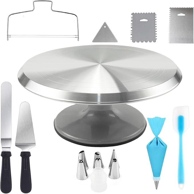 Aluminium Cake Turntable Set with Revolving 12 Inch Cake Stand for Decorating, Offset Spatula, Cake Server, Stainless Steel Frosting Icing Smoother, Pastry Bags and Other Baking Tools（16Pcs）
