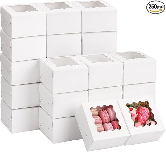 Moretoes 250pcs White Mother's Day Cookie Boxes with Window,4x4x2.5 Inch Small Bakery Boxes, for Small Cake, Treats, Donuts, Candy