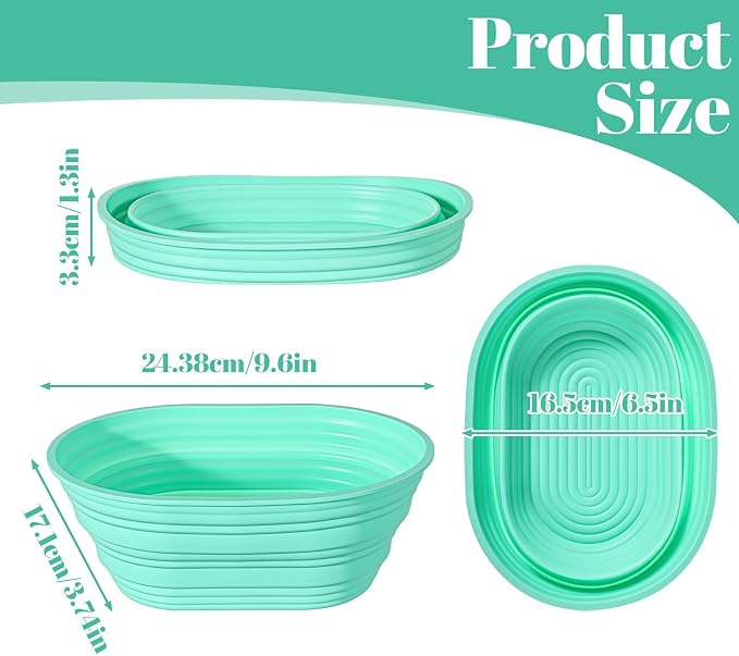 4 Pcs Oval Proofing Basket Set, 9.6 Inch Silicone Sourdough Bread Basket, Foldable Non-Stick Dough Proofing Bowl for Baking, BPA-Free, Green