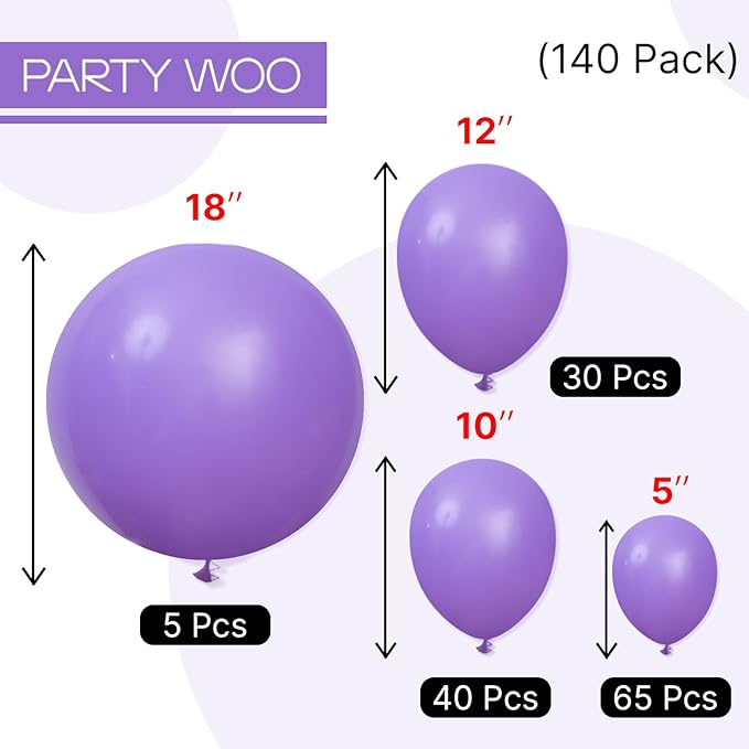 PartyWoo Purple Balloons 140 pcs Different Sizes of 18 12 10 5 Inch Purple Balloon Arch Kit Garland for Birthday Graduation Engagement Wedding Bachelorette Bridal Shower Party Decorations Purple-Y15