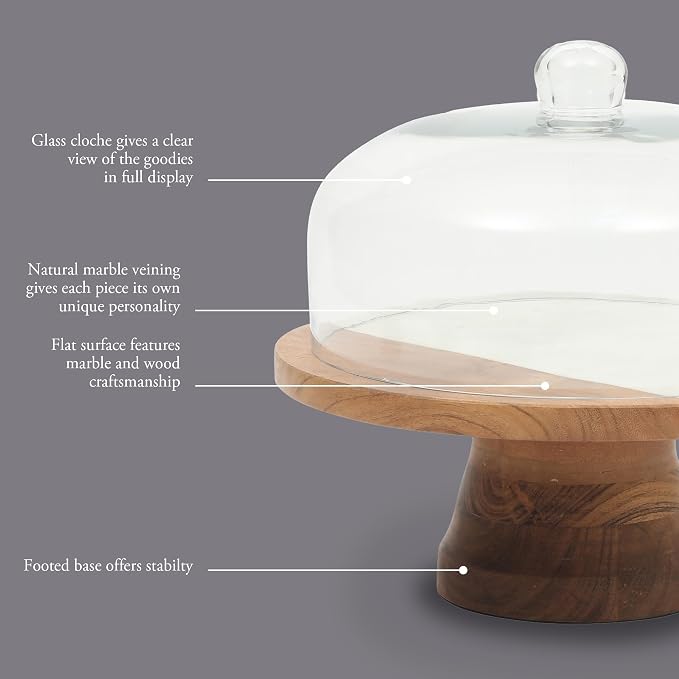 Gibson Elite Ridgehaven 10" Marble & Wood Cake Stand, Serving Platter, Charcuterie Board, and Center Piece Home Décor With Glass Lid