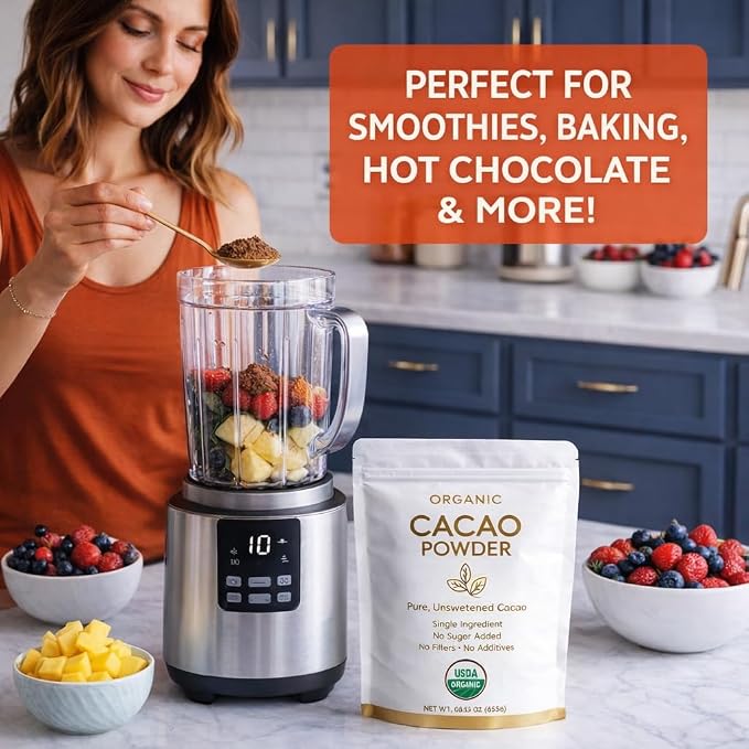 Tozzy Organic Unsweetened Cacao Powder, 1 lb (454 g) – Pure Single Ingredient, No Sugar Added, Rich Dark Chocolate Flavor for Baking, Smoothies & Hot Drinks
