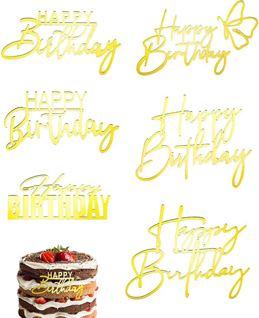 6ps Gold Happy Birthday Cake Topper Acrylic Cake Toppers Happy Birthday Sign Picks Decorations Cake Decorations for Party Anniversary