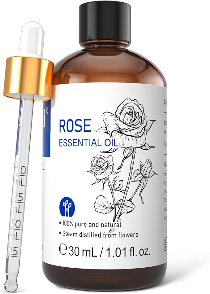 HIQILI Rose Essential Oil 1 Fl Oz, for Aromatherapy, Diffuser, Skin Care, Massage, Includes Premium Quality Glass Dropper