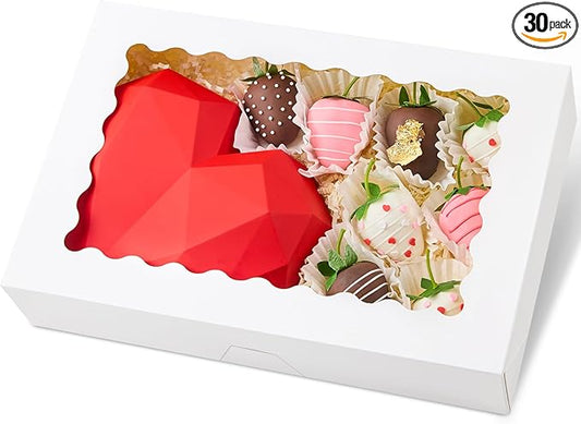 Kucoele Bakery Boxes with Window, 12x8x2.5 Inches, 30 PCS, White | Auto-Popup, Pastry Boxes, Treat Boxes, For Chocolate Covered Strawberries, Cookies, Muffins, Donuts, Breakable Hearts