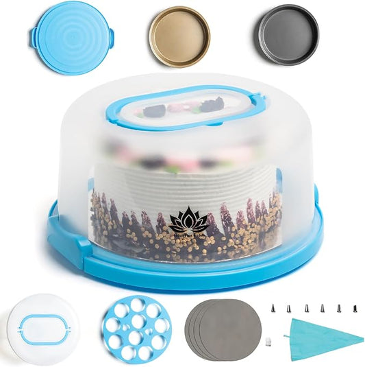 Cake Carrier with Lid and Handle – 10" Cake Storage Container with Baking Accessories, Cake Stand with Baking Pan, Cupcake Tray, Cake Boards & Piping Set
