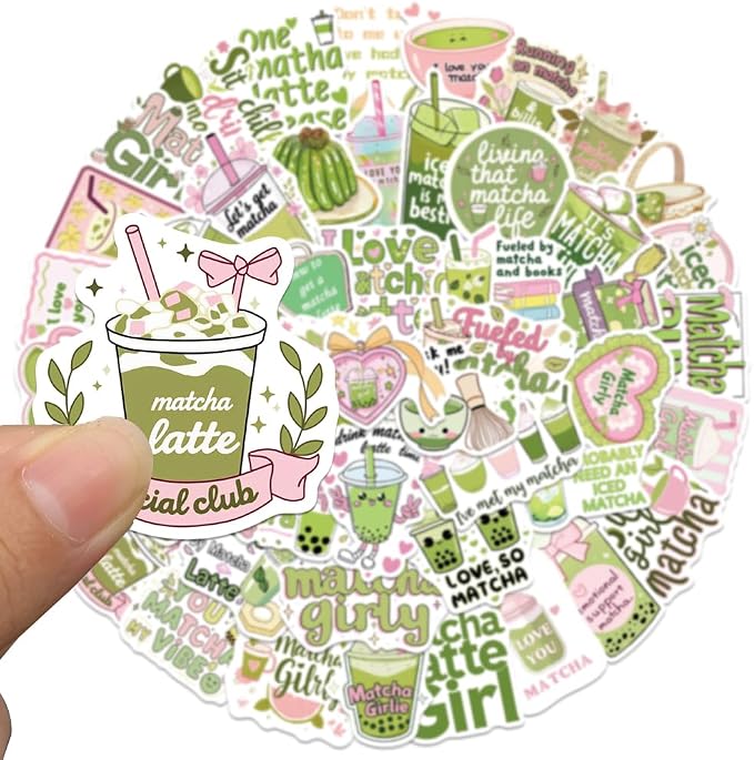 Cute Love Matcha Aesthetic Stickers for Girls, 50PCS Funny Pink Green Vinyl Waterproof Sticker for Water Bottle Scrapbook Laptop Journal Decals, Matcha-Beverage Decoration, Party Favors