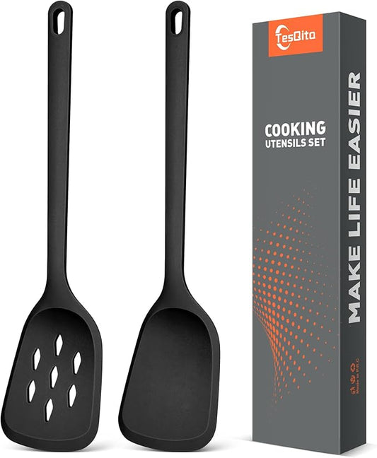 Silicone Cooking Spatula&Slotted Spatulas, Pack of 2,Solid Turner Kitchen Utensils Set for Cooking,Frying, Baking, Flipping, Turning,Heat Resistant 450℉ (BLACK)