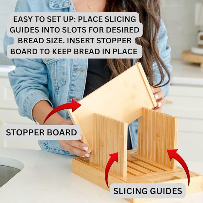 Bread Slicer for Sourdough Rounds & Homemade Bread - Round, Loaf & Baguette. Bamboo Bread Cutting Guide W/Crumb Tray - Foldable - Knife Not Included. Recommended: Serrated Knife Blade 10-12 Inches