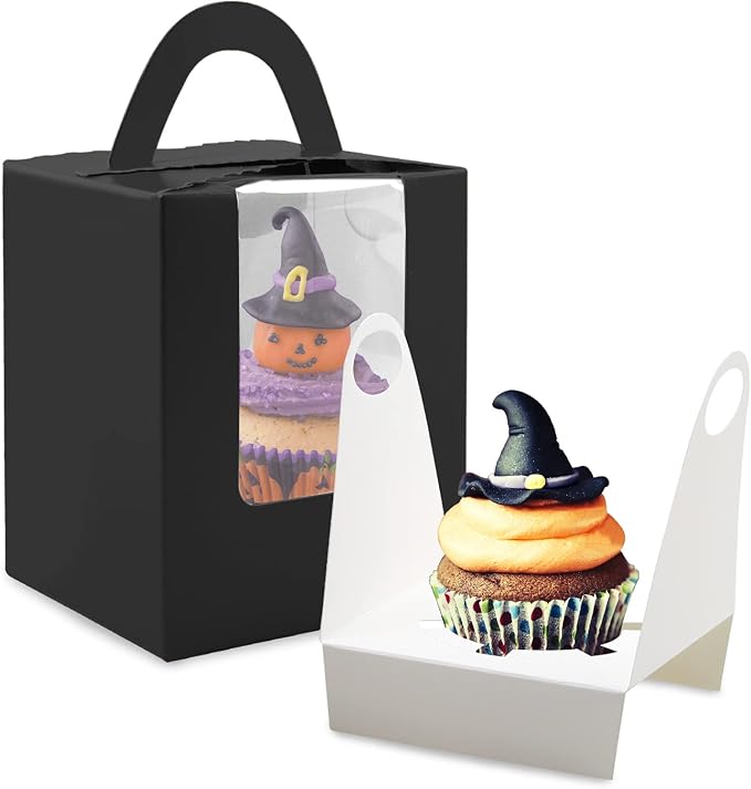 Cupcake Boxes, 30 Pcs Single Cupcake Boxes Individual Cupcake Containers Muffins Cupcake Carriers Holder Kraft Pastry Containers with Insert Window & Handle for Wedding Birthday Parties (Black-2)